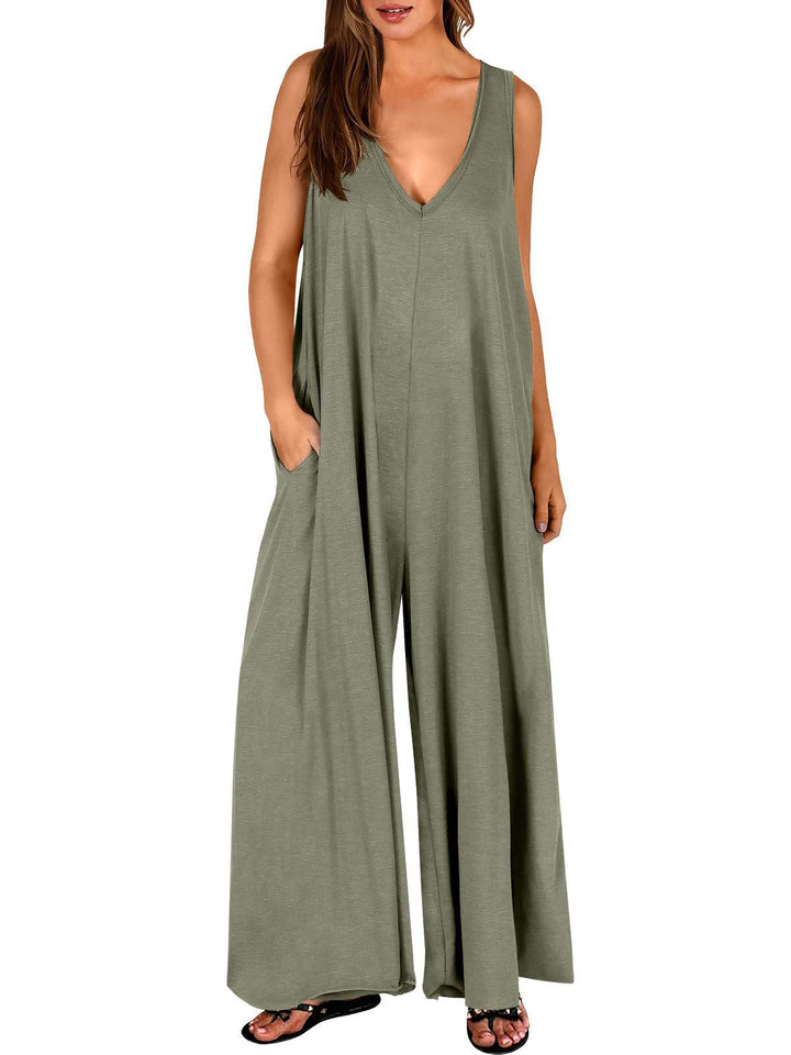 Damen weit geschnittene Jumpsuit mit V-Ausschnitt Drune