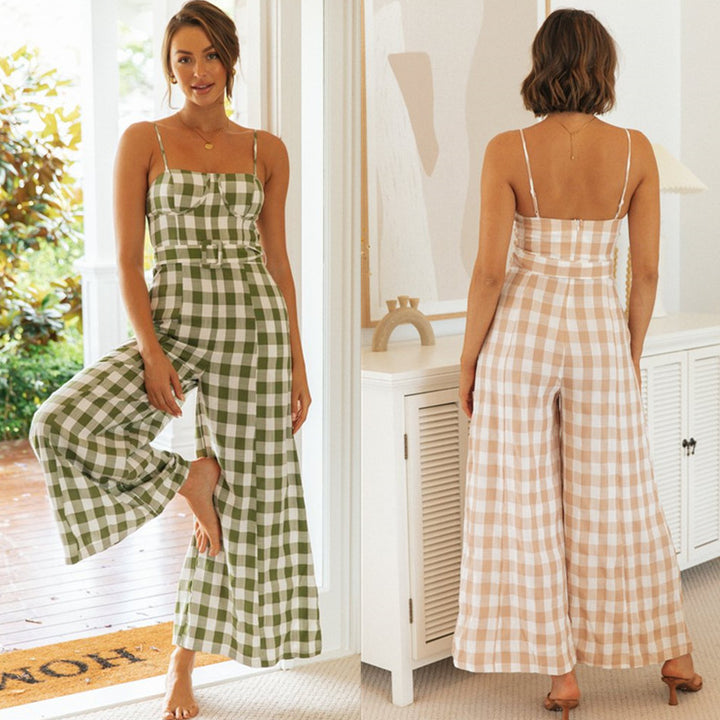 Damen Jumpsuit mit Gingham-Muster und Taillengürtel Drune