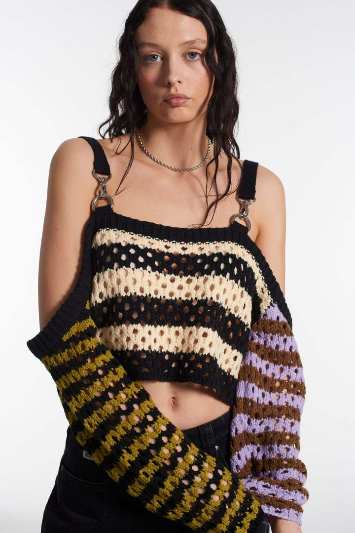 Damen gehäkeltes Crop-Top mit kreativen Streifen und dekorativen Ärmeln Drune