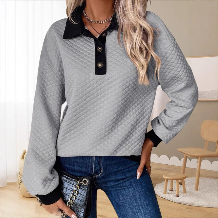 Damen lässiger Sweatpullover mit strukturiertem Kragen und Knopfleiste Drune
