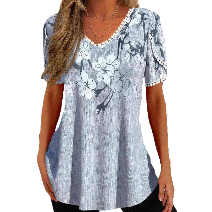 Damen nan legeres V-Ausschnitt-Tunikashirt mit floralem Muster und Pomponbesatz Drune
