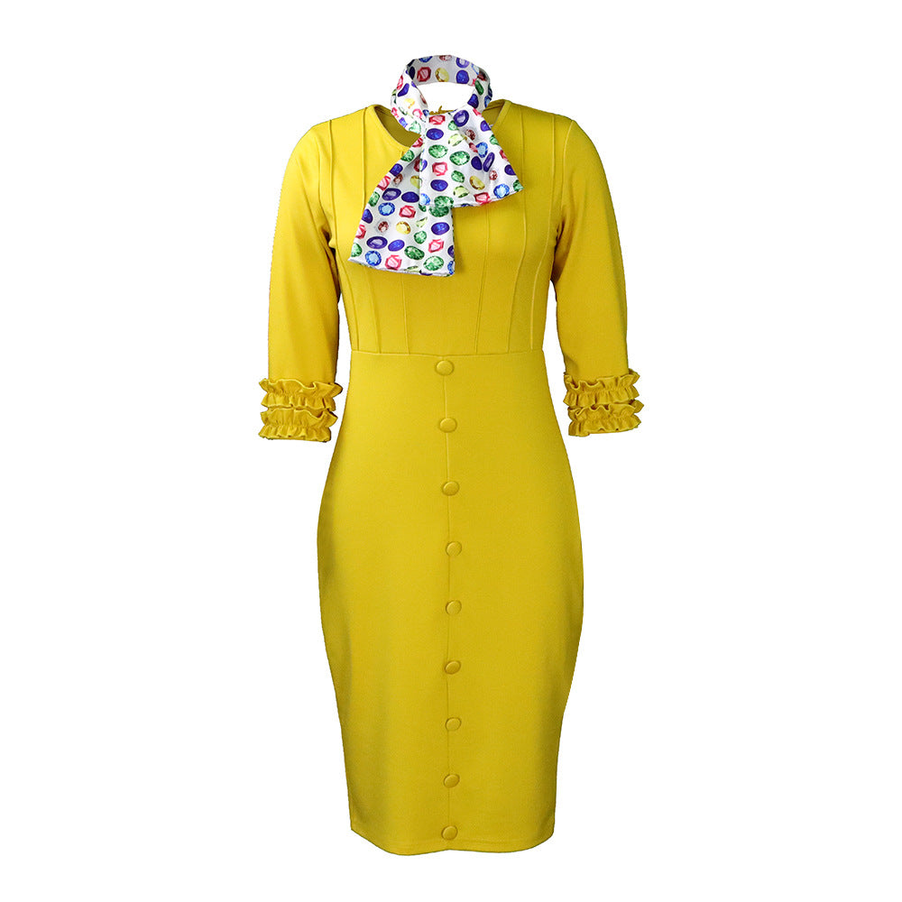 Damen Elegantes und figurbetontes Midi-Kleid mit Rüschenärmeln und stylischem Schal Drune