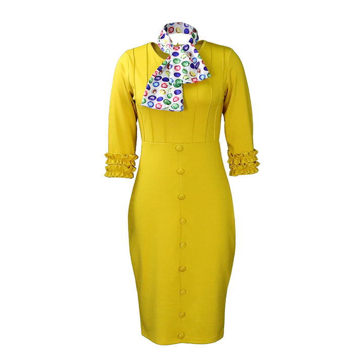 Damen Elegantes und figurbetontes Midi-Kleid mit Rüschenärmeln und stylischem Schal Drune