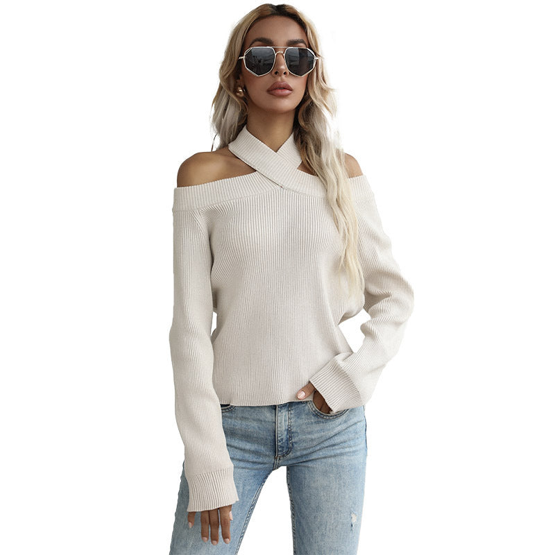 Damen Off-Shoulder Strickpullover mit modischen weiten Ärmeln Drune