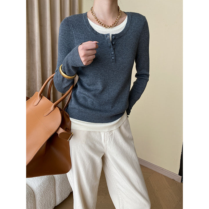 Damen Langarmshirt mit Knopfdetails und modischem V-Ausschnitt Drune