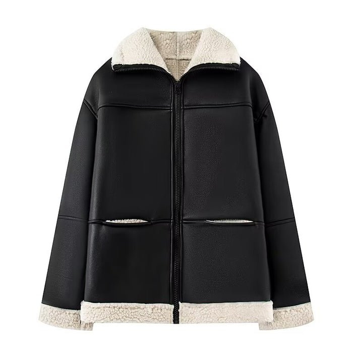 Damen Kunstlederjacke mit warmem Sherpa-Futter und praktischen Taschen Drune