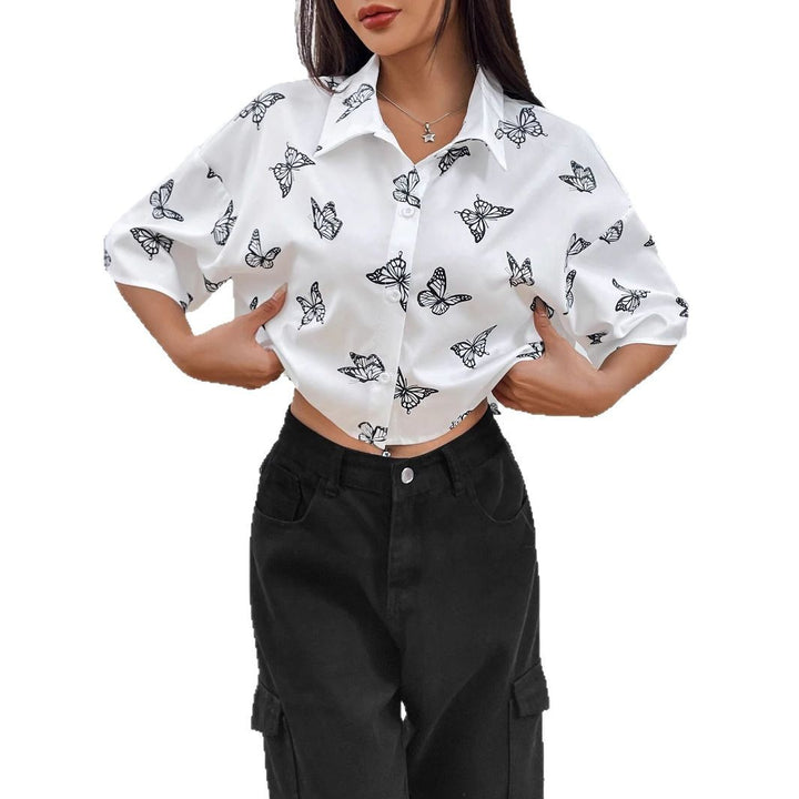 Damen Kurze Bluse mit Schmetterlingsmuster Drune