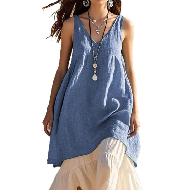 Damen luftiges Leinenkleid mit V-Ausschnitt und asymmetrischem Saum Drune