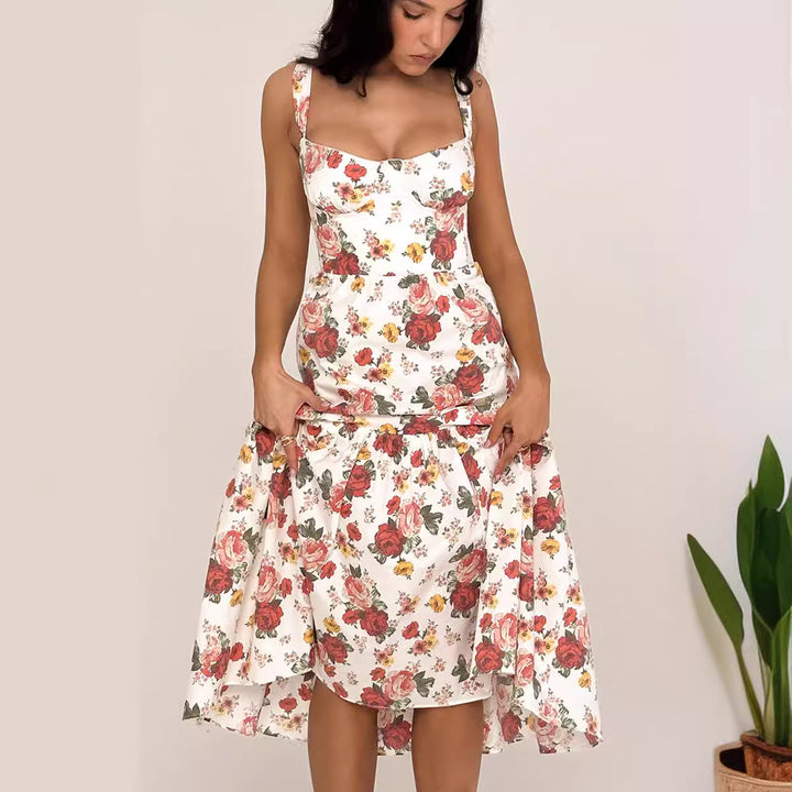 Damen Floral gemustertes Maxikleid mit tailliertem Oberteil und Volantrock Drune