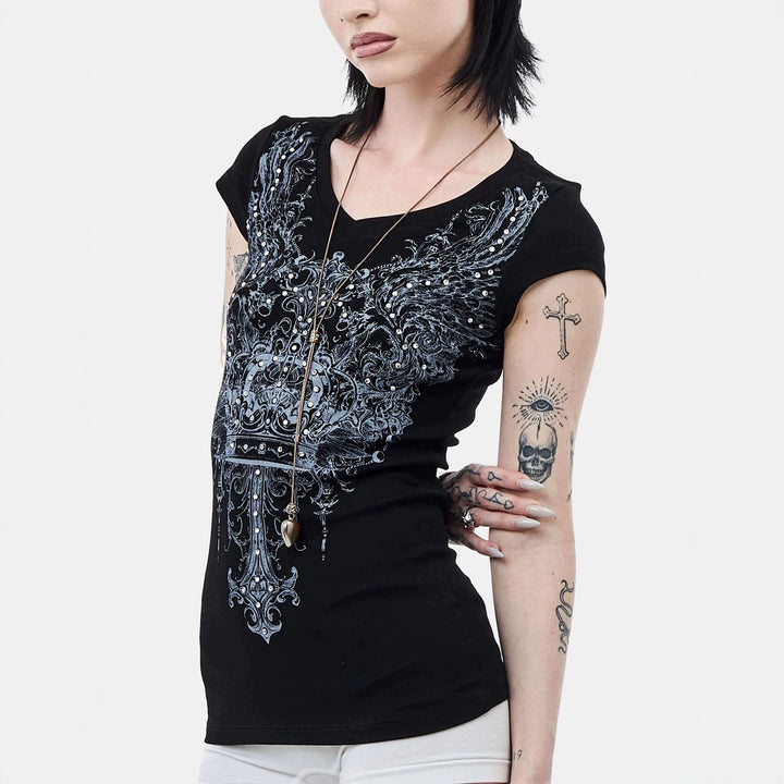 Damen V-Ausschnitt T-Shirt mit extravaganten Grafiken Drune