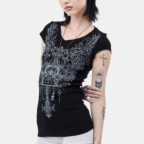Damen V-Ausschnitt T-Shirt mit extravaganten Grafiken Drune