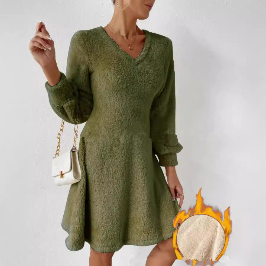 Damen Flauschiges V-Ausschnitt Kleid mit langen Ärmeln Drune