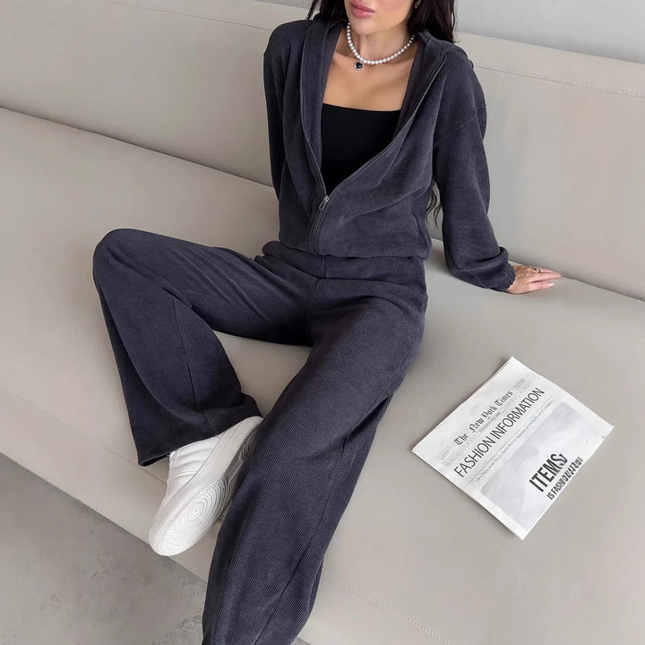 Damen nan kurzes Kapuzen-Loungewear-Set mit durchgehendem Reißverschluss, elastischem Komfortbund und gerippter Struktur Drune
