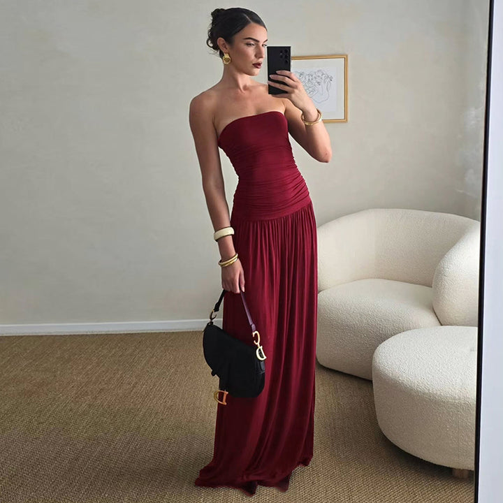 Damen Sommerliches Maxikleid mit schulterfreiem Design und eleganter Raffung Drune