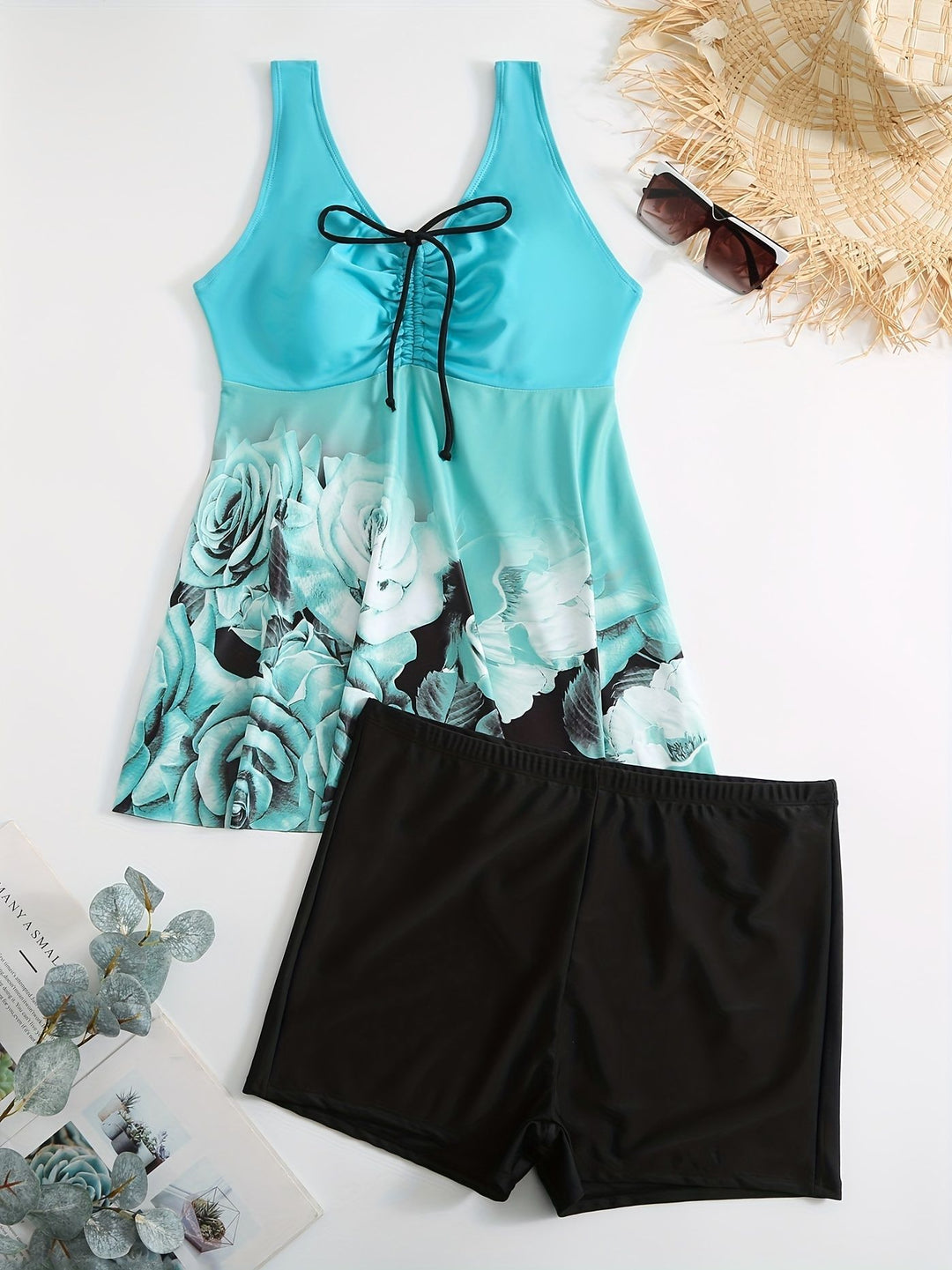 Damen Badeanzug mit Hohem Schnitt und Blumendruck Drune