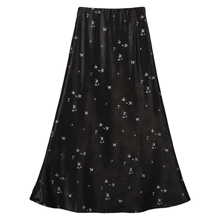Damen nan A-Linien Midirock aus Jacquard-Satin mit floralen und Schmetterlingsreliefs Drune