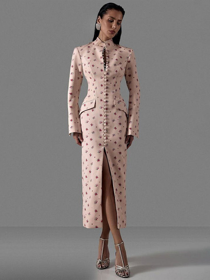 Damen Elegantes Langarmkleid mit floralem Muster und hochgeschlossenem Kragen Drune