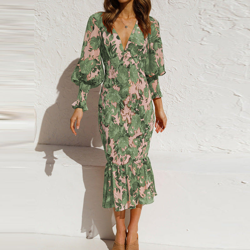 Damen Blütenmuster Kleid mit voluminösen Ärmeln Drune