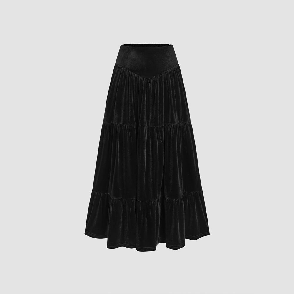 Damen elegantes Set aus Rüschenshirt und schwingendem Maxi-Rock Drune