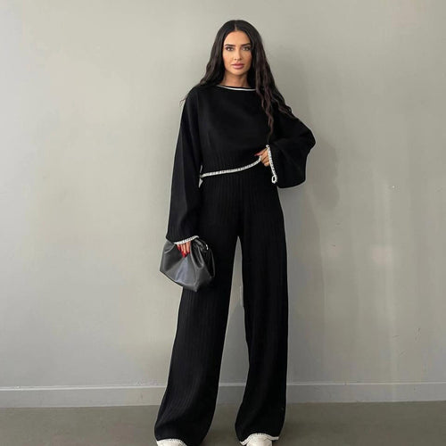 Damen Crop-Pullover und weite Hose Set mit moderne Rippstruktur Drune