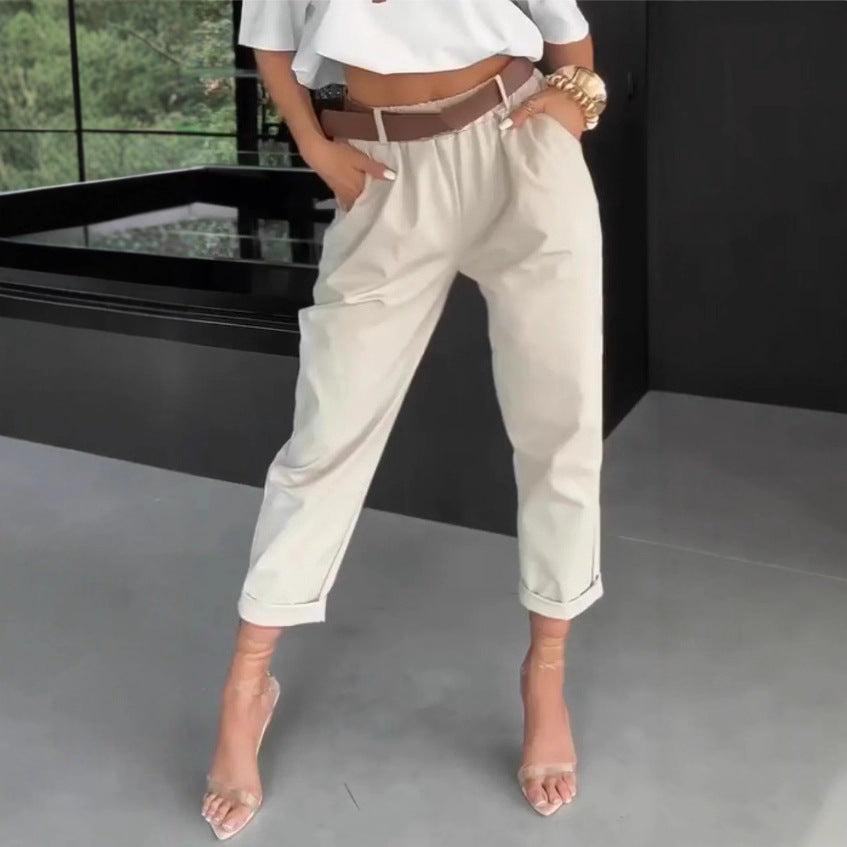 Damen moderne Chinohose mit elastischem Bund und weitem Bein Drune
