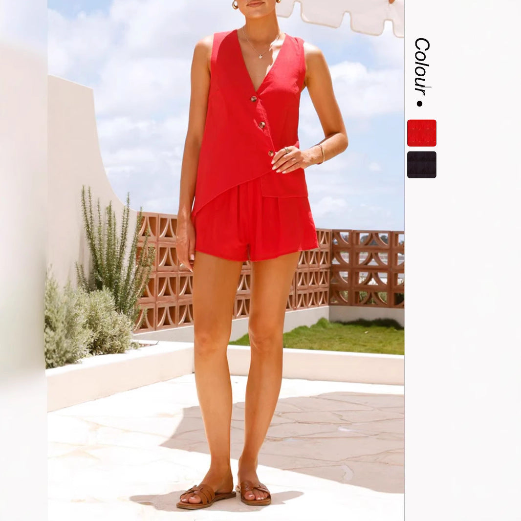 Damen lässiges Sommer-Outfit mit V-Ausschnitt und asymmetrischem Schnitt Drune