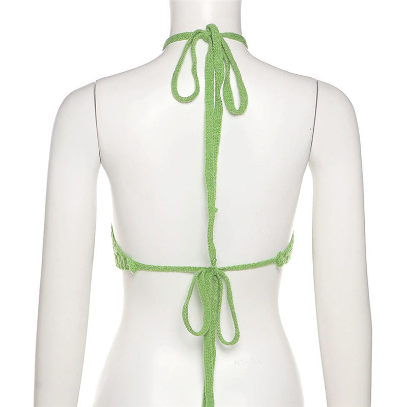 Damen gehäkeltes Crop-Bikini-Top mit verstellbaren Bindebändern Drune