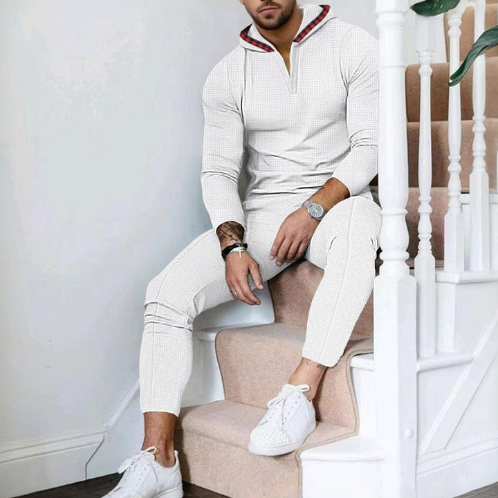 Herren nan Slim-Fit Waffel-Strick Kapuzen-Set mit Halbzip, kontrastgefütterter Kapuze und tapered Jogginghose Drune