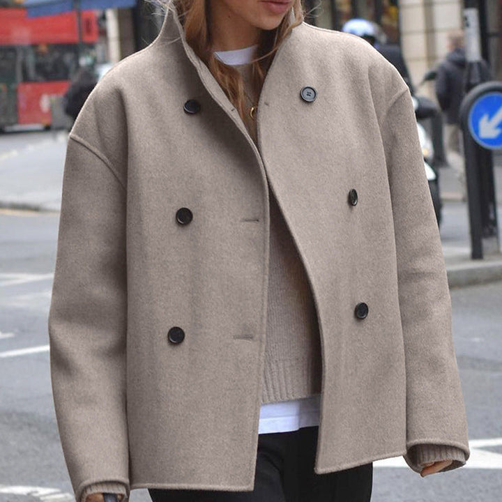 Damen modische Wolljacke mit doppelter Knopfleiste und hohen Kragen Drune