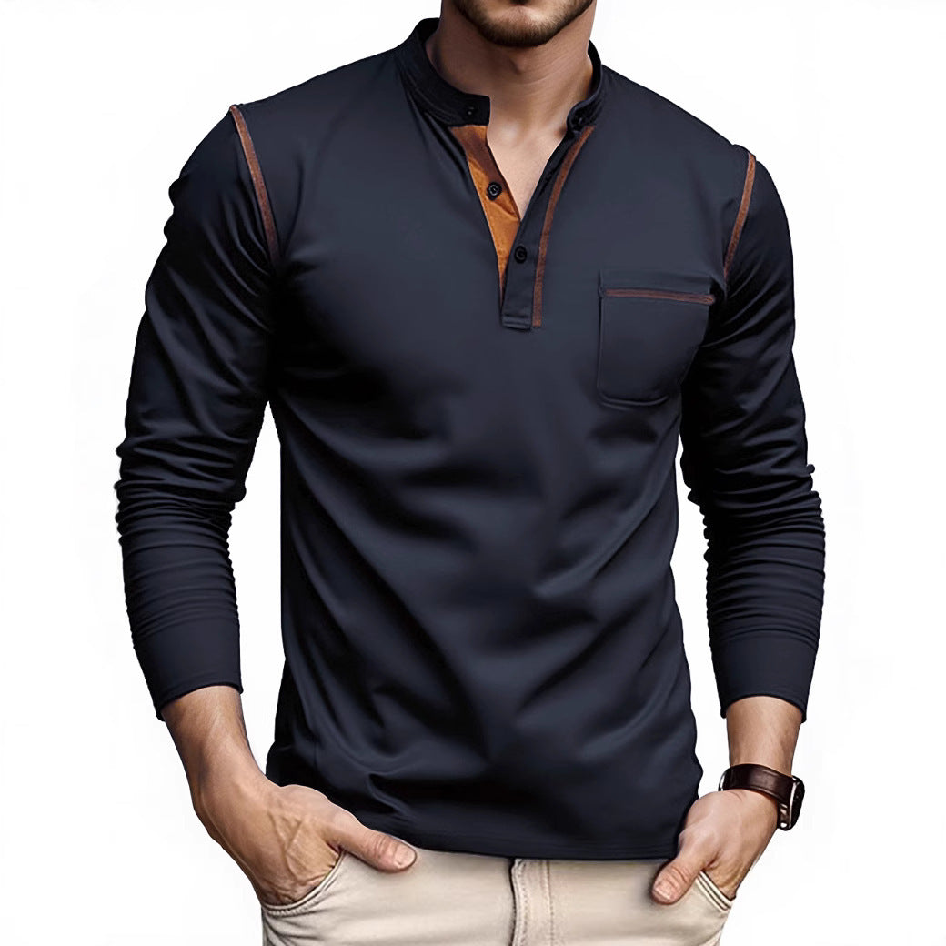 Herren nan Langarmshirt mit kurzer Knopfleiste Brusttasche und kontrastierenden Ziernähten Drune