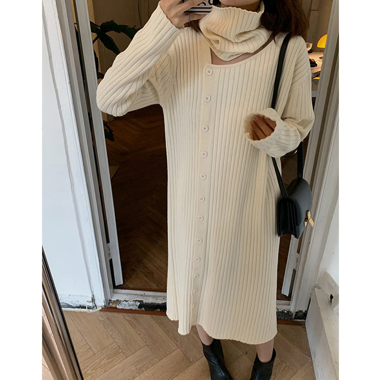 Damen Strickkleid mit hohem Kragen und Knopfverschluss Drune