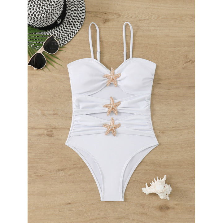 Damen eleganter Badeanzug mit einzigartigem Nackenansatz und glitzernden Sternenapplikationen Drune