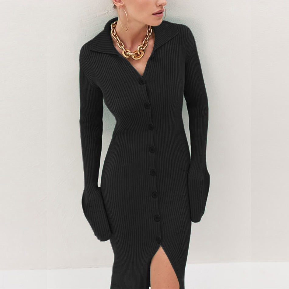 Damen Ribbed Knit Kleid mit Knöpfchen und Seitenriegel Drune