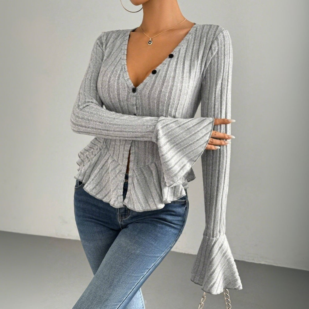 Damen modische Strickjacke mit taillierter Silhouette und dekorativen Rüschendetails Drune