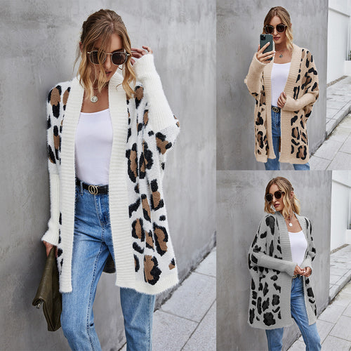 Damen kuschelige Strickjacke mit modischem Leopardenmuster Drune