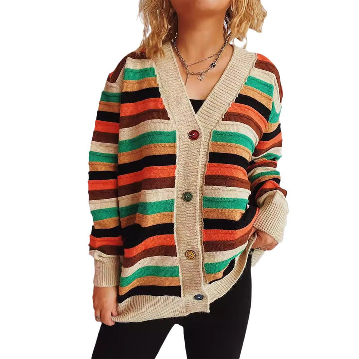 Damen Strickjacke mit buntem Streifenmuster und knöpfbarem Design Drune