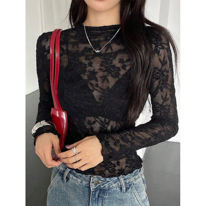 Damen Spitzenoberteil mit elegantem floralem Design und transparenten Ärmeln Drune