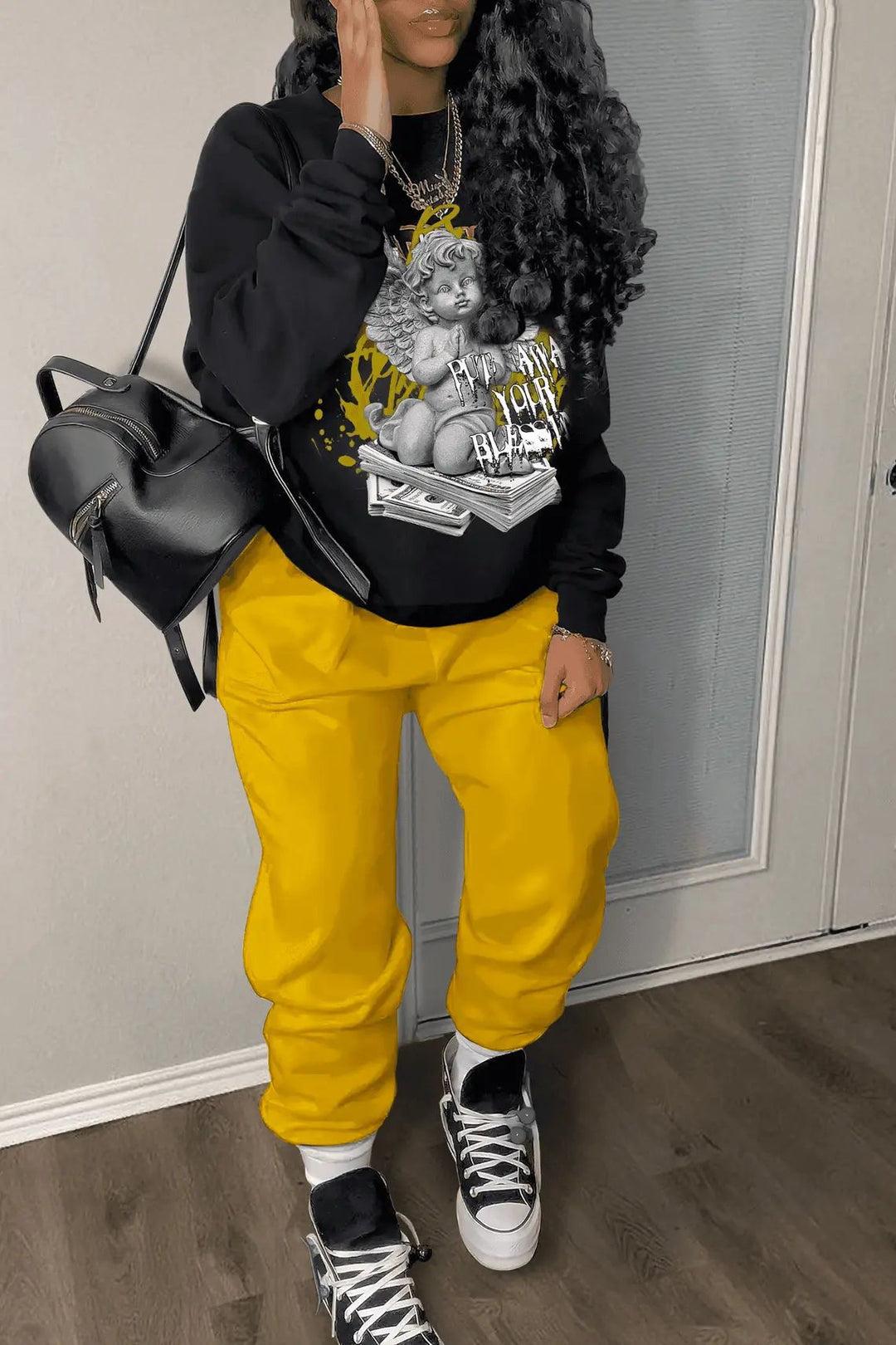 Damen Freizeit Hoodie und Jogginghose Set mit kreativem Engel-Motiv Drune