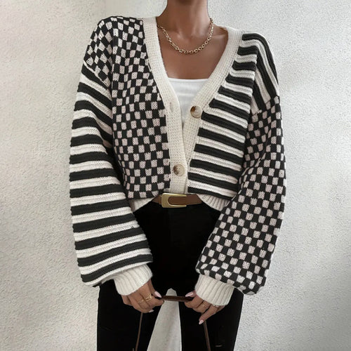 Damen Kuschelige Strickjacke mit kariertem Design und breiten Ärmeln Drune