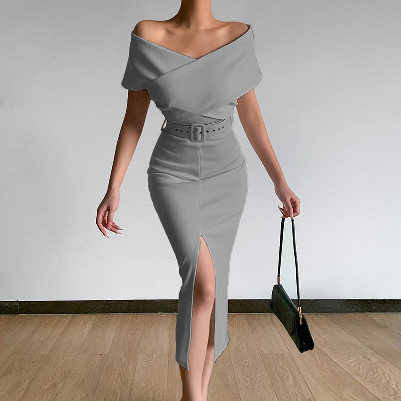 Damen Figurbetontes Abendkleid mit schulterfreiem Design und asymmetrischem Schlitz Drune