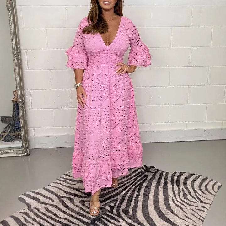 Damen Maxikleid mit floraler Lochstickerei und weiten Ärmeln Drune