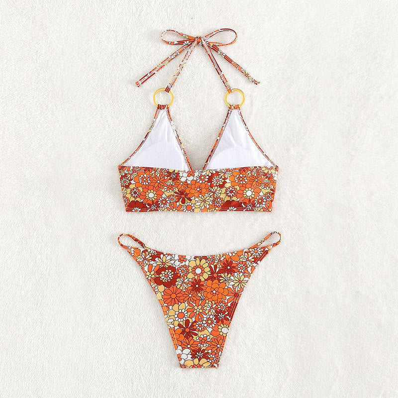 Damen Triangel-Bikini mit Ringen und floralem Design Drune