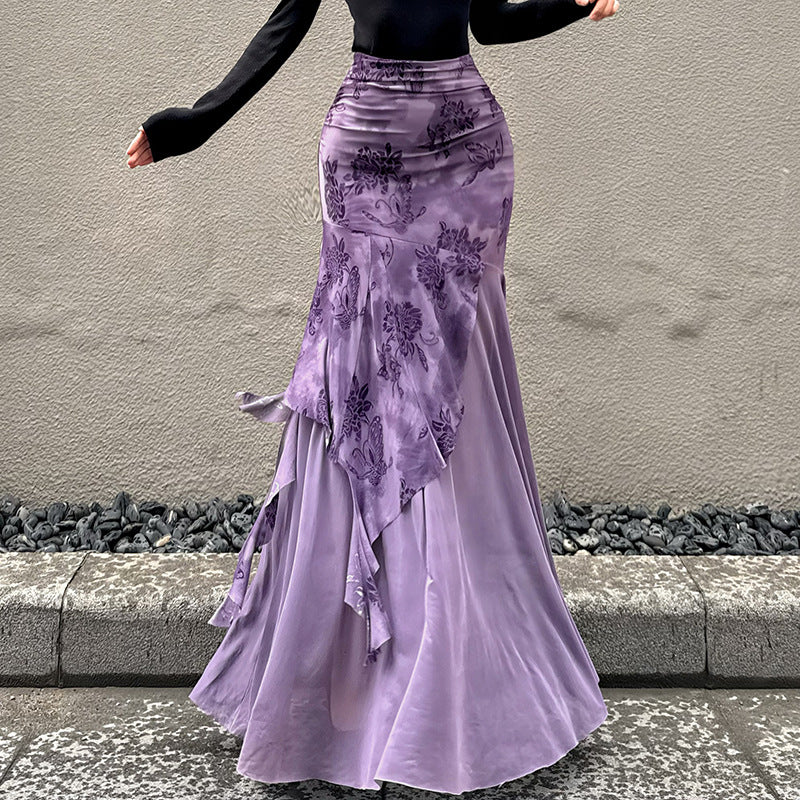 Damen asymmetrischer Maxirock mit floralen Details und transparenten Schichten Drune