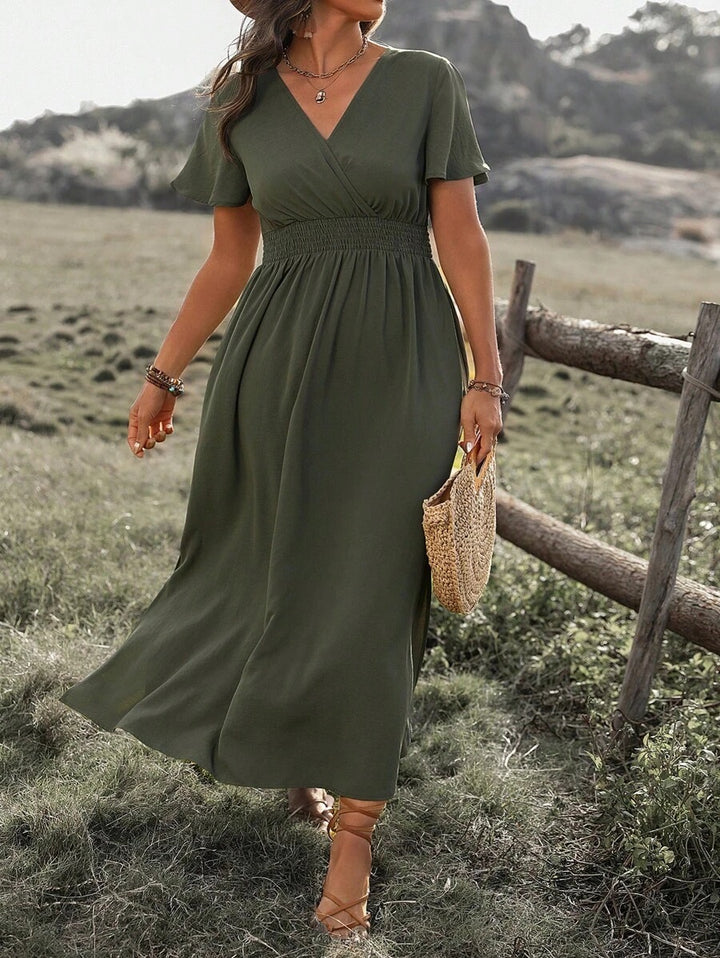 Damen Elegantes Maxikleid mit Wickeloptik und Puffärmeln Drune