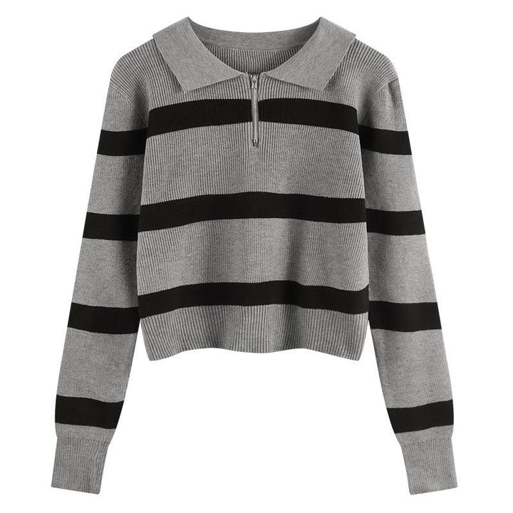 Damen Strickpullover mit Reißverschluss und Streifenmuster Drune