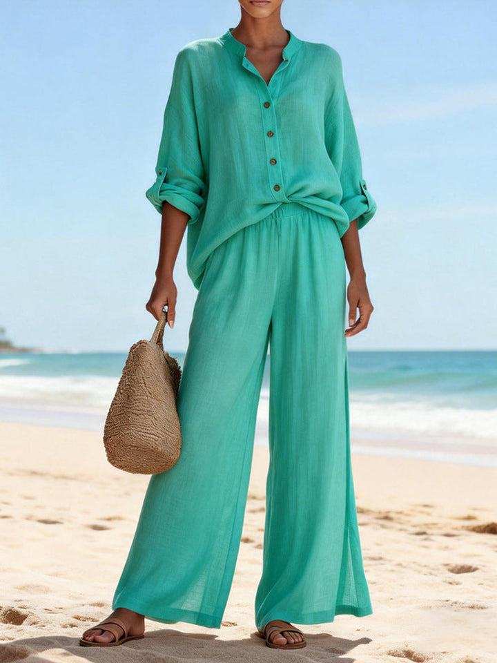 Damen Luftige Leinenbluse und weite Hose Drune