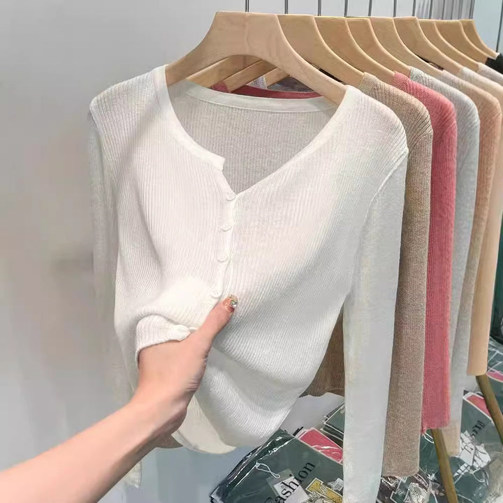 Damen figurbetonte Strickjacke mit elegantem Knopfverschluss und feiner Rippstruktur Drune