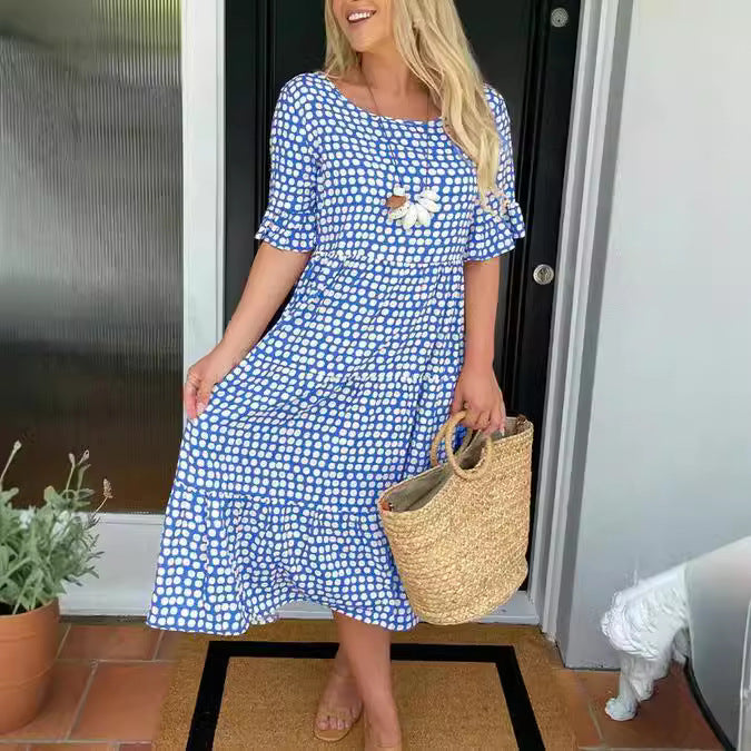 Drune | Sommer Rundhals Bedrucktes Kurzarmkleid
