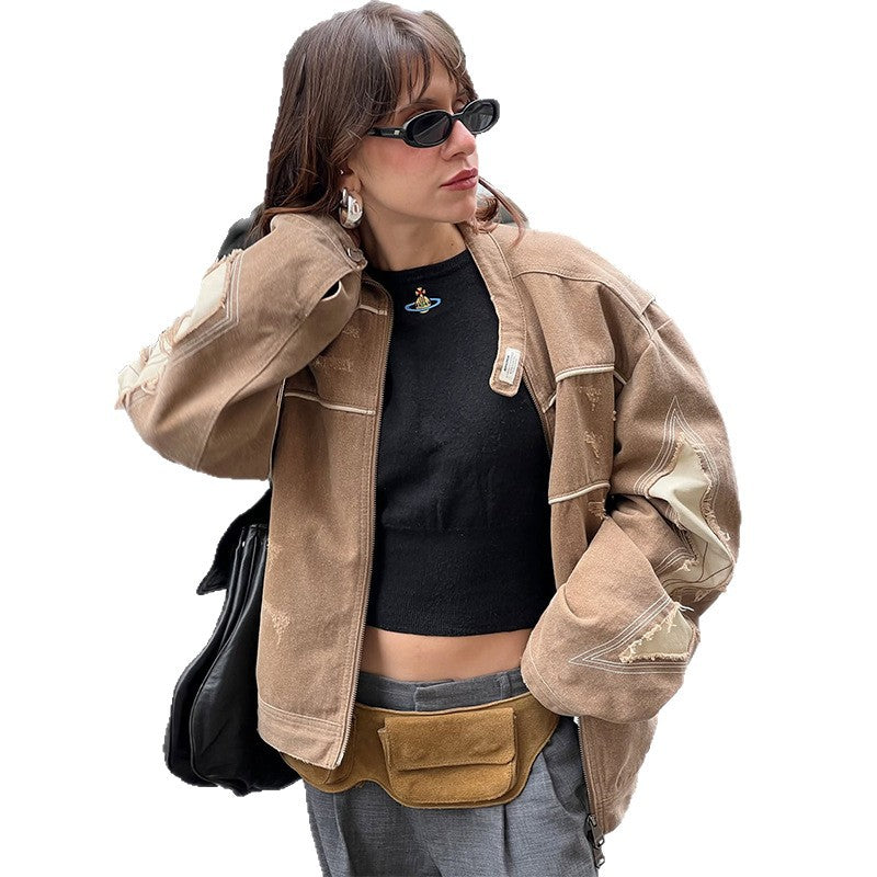 Damen Modische Jacke im Vintage-Stil mit kunstvollen Ziernähten und abgetragenem Effekt Drune
