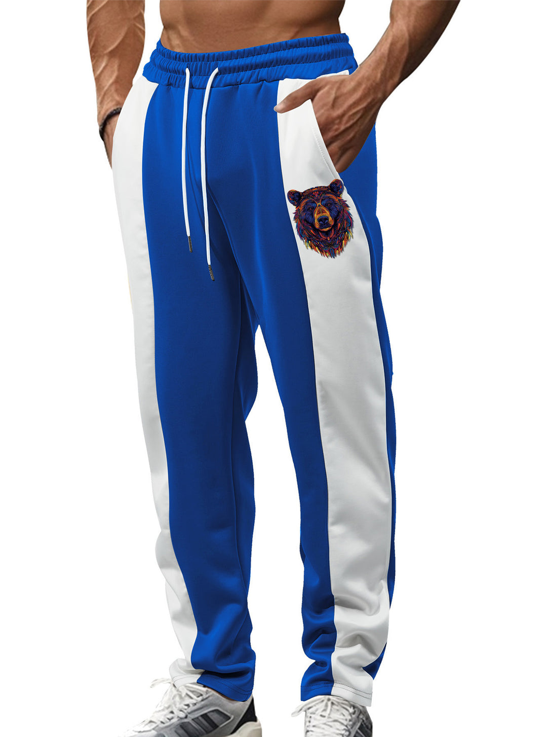 Herren nan sportive Trackpants mit seitlichen Kontrastbahnen elastischem Bund Kordelzug und Hirschstickerei Drune